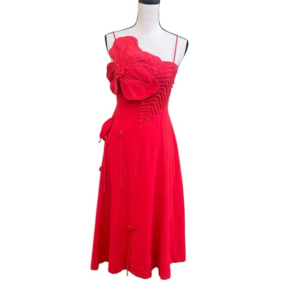 Farm Rio Red Garden Lenzing Ecovero Euroflax Midi Dress Long Wedding Size Small - Picture 2 of 10